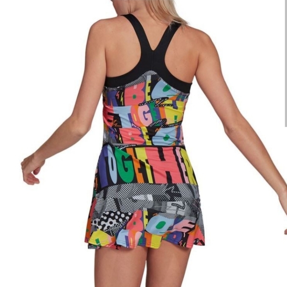 Adidas Tennis Prep 80s Graphic Print Racerback Built In Bra Athleisure Dress - Picture 4 of 11